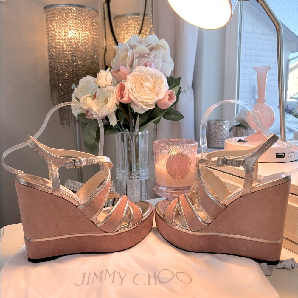 Like New Jimmy Choo Pink Suede Sandals with Gold Leather Trim.Size US 7, IT 37.5